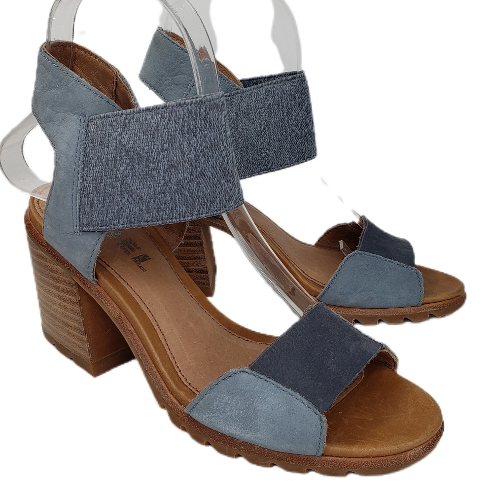 Sorel Nadia Blue Nubuck & Elastic Strappy Chunky Heel Rugged Sole Sandel Sz 6